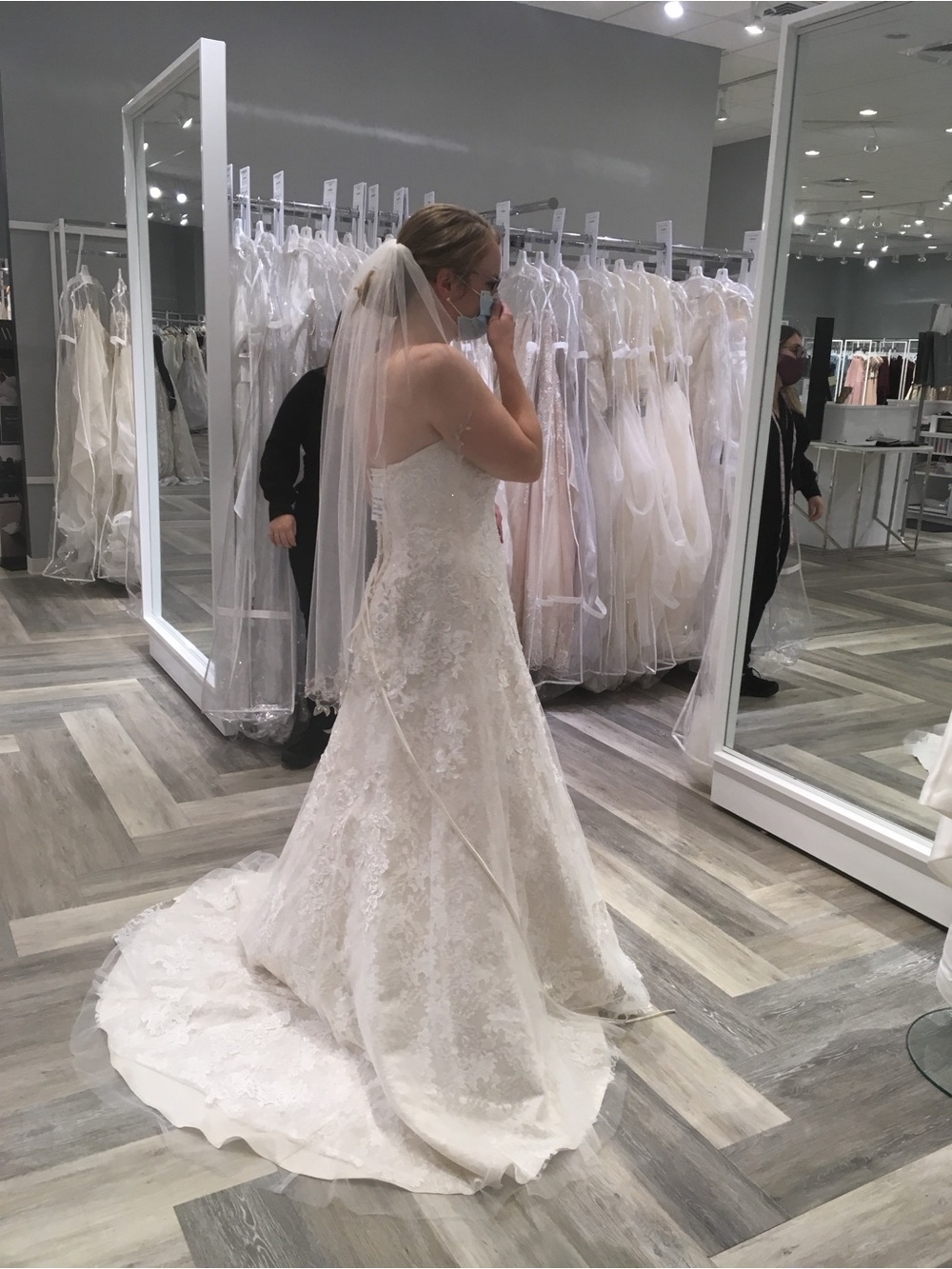 David's Bridal Strapless Lace Appliqué A-Line Wedding Dress in Ivory - Picture 3 of 4
